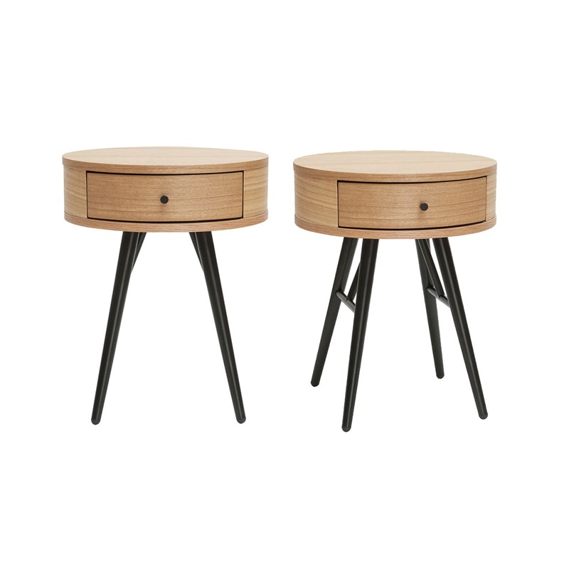 Tables de chevet rondes avec tiroir bois clair et métal noir (lot de 2) koral