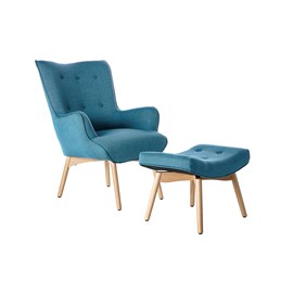Fauteuil avec repose-pieds en tissu bleu canard et bois clair bristol
