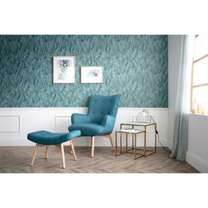 Fauteuil avec repose-pieds en tissu bleu canard et bois clair bristol
