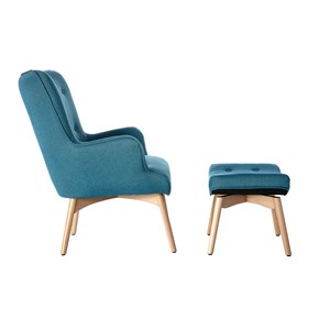 Fauteuil avec repose-pieds en tissu bleu canard et bois clair bristol