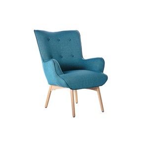 Fauteuil avec repose-pieds en tissu bleu canard et bois clair bristol