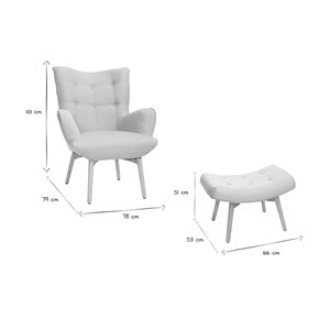 Fauteuil avec repose-pieds en tissu bleu canard et bois clair bristol