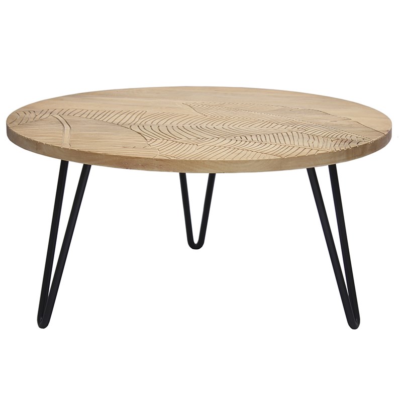 Table basse ronde gravée bois manguier massif et métal noir d80 cm vibes