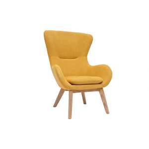 Fauteuil en tissu effet velours jaune moutarde et bois eskua