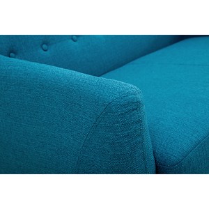 Canapé déhoussable 2 places en tissu bleu canard et bois clair ynok