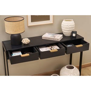 Console avec rangements 3 tiroirs noire et métal l115 cm avidan