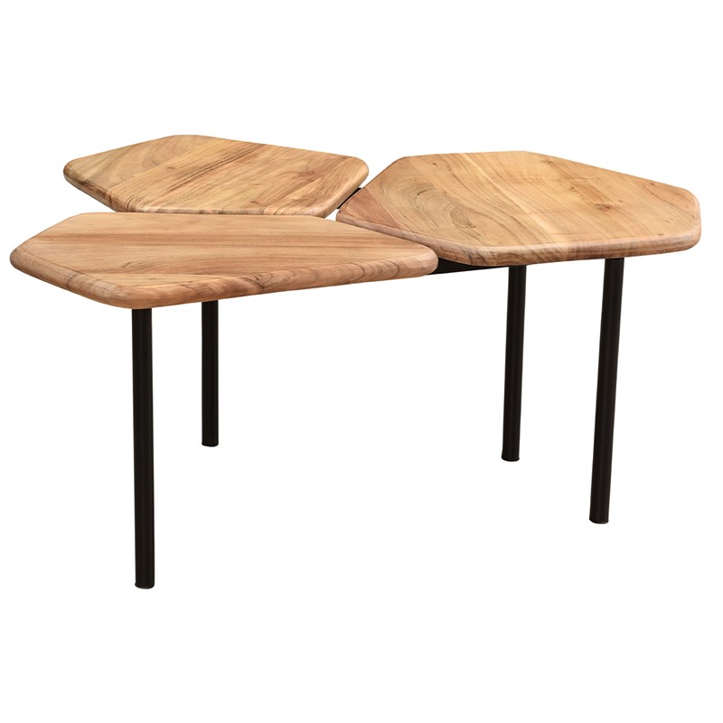 Table basse 3 plateaux bois massif et métal noir l95 cm suzane