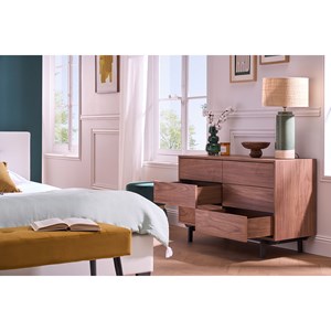 Commode  bois foncé noyer et métal noir 6 tiroirs l120 cm manny