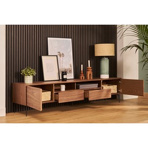 Meuble tv bois foncé noyer et métal noir 2 portes 2 tiroirs l200 cm bliss