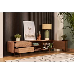 Meuble tv en bois foncé noyer 1 porte 2 tiroirs l180 cm suva