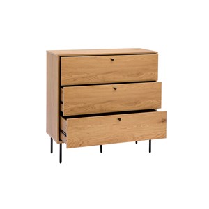 Commode finition bois clair chêne et pieds métal noir 3 tiroirs l100 cm pernelle