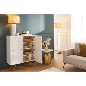 Buffet haut gravé blanc mat et métal doré 4 portes l86 cm ozen