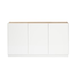 Buffet blanc laqué brillant et bois clair 3 portes l155 cm nelio