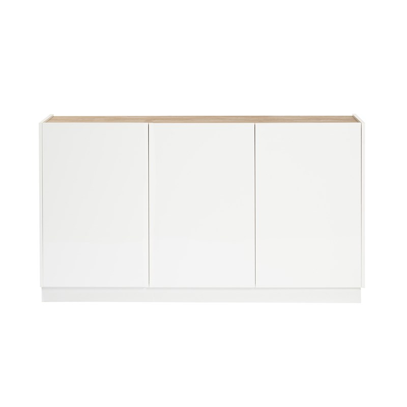 Buffet blanc laqué brillant et bois clair 3 portes l155 cm nelio