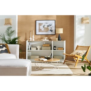 Buffet blanc laqué brillant et bois clair 3 portes l155 cm nelio