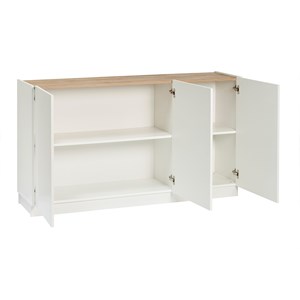 Buffet blanc laqué brillant et bois clair 3 portes l155 cm nelio