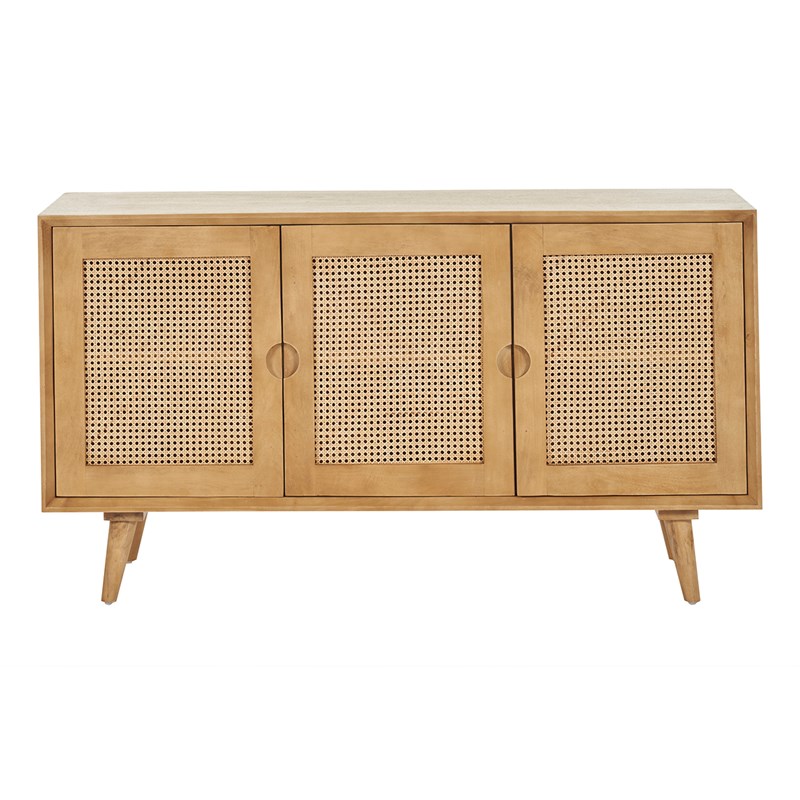 Buffet en bois manguier et cannage rotin 3 portes l145 cm laka