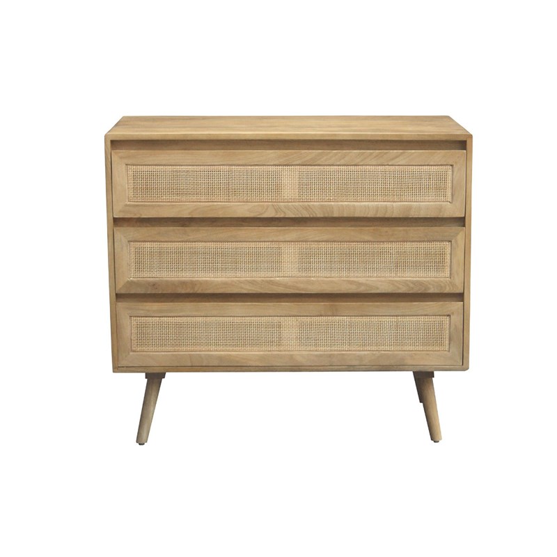 Commode en bois manguier massif et cannage rotin 3 tiroirs l90 cm acange