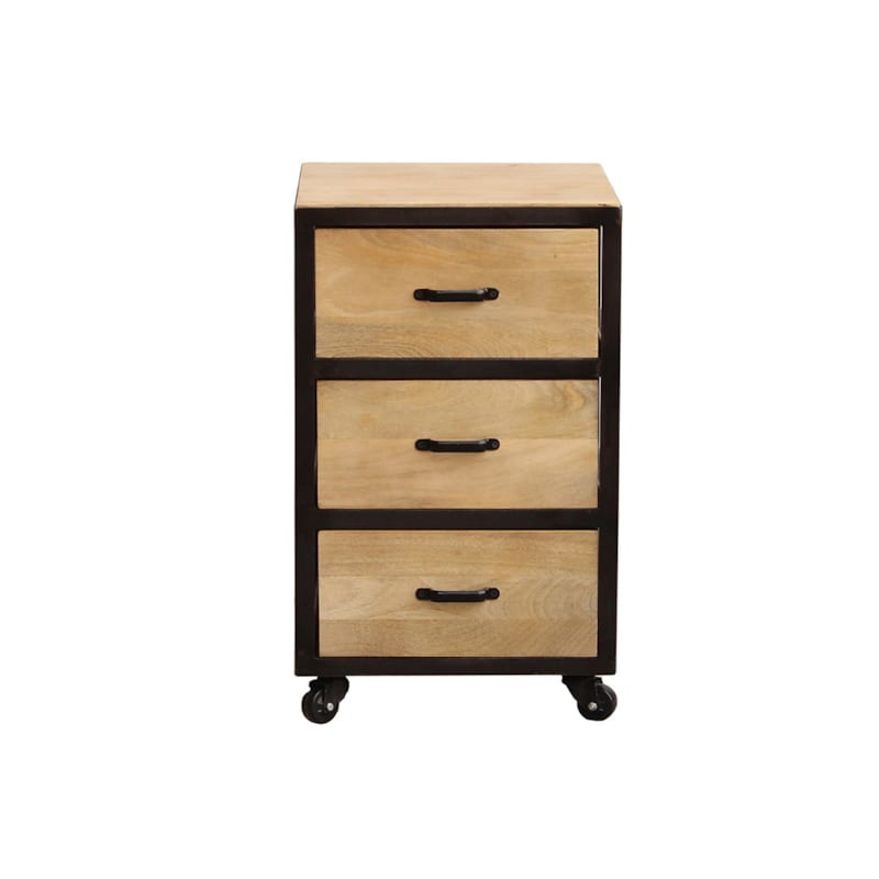 Caisson de bureau à roulettes 3 tiroirs bois massif et métal noir industria
