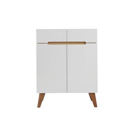 Buffet blanc brillant et finition bois clair 2 portes 2 tiroirs l80cm melka