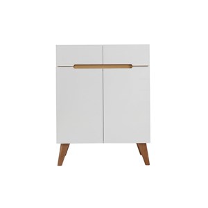 Buffet blanc brillant et finition bois clair 2 portes 2 tiroirs l80cm melka