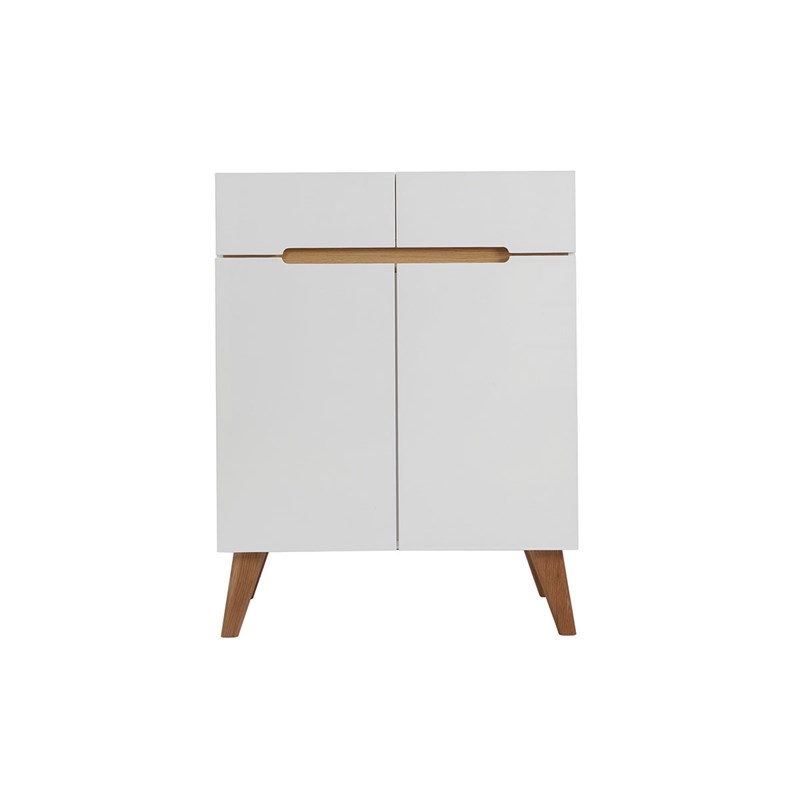 Buffet blanc brillant et finition bois clair 2 portes 2 tiroirs l80cm melka