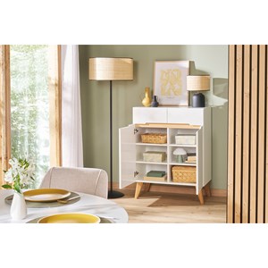 Buffet blanc brillant et finition bois clair 2 portes 2 tiroirs l80cm melka