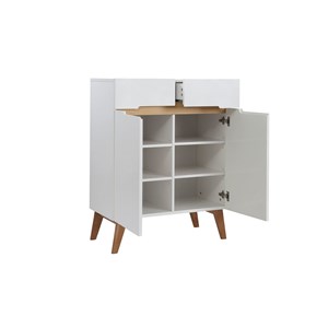 Buffet blanc brillant et finition bois clair 2 portes 2 tiroirs l80cm melka