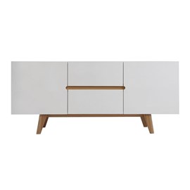 Buffet blanc brillant et finition bois clair 2 portes 2 tiroirs l160cm melka
