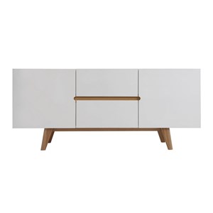 Buffet blanc brillant et finition bois clair 2 portes 2 tiroirs l160cm melka