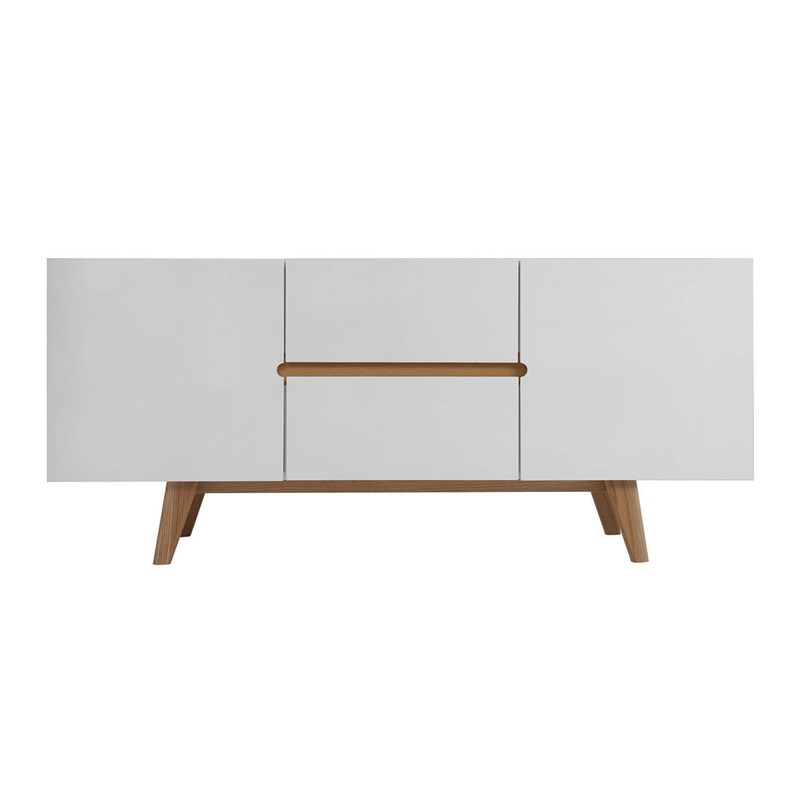 Buffet blanc brillant et finition bois clair 2 portes 2 tiroirs l160cm melka