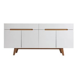Buffet blanc brillant et finition bois clair 4 portes 2 tiroirs l180 cm melka
