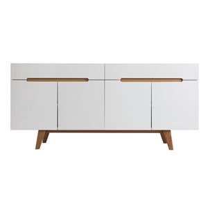 Buffet blanc brillant et finition bois clair 4 portes 2 tiroirs l180 cm melka