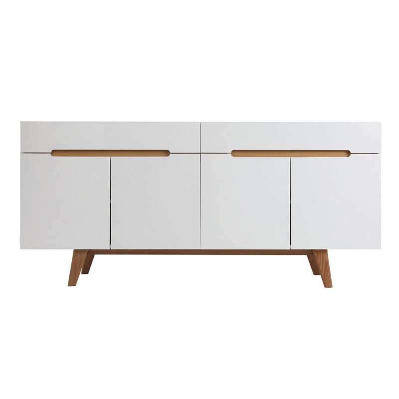 Buffet blanc brillant et finition bois clair 4 portes 2 tiroirs l180 cm melka