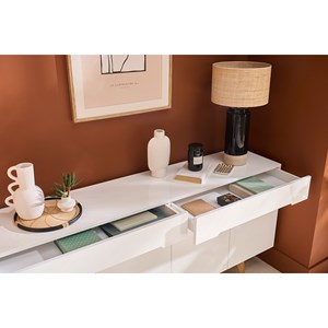 Buffet blanc brillant et finition bois clair 4 portes 2 tiroirs l180 cm melka