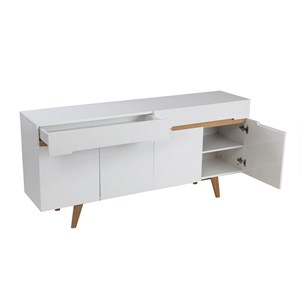 Buffet blanc brillant et finition bois clair 4 portes 2 tiroirs l180 cm melka