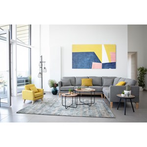 Canapé d'angle déhoussable 5-6 places en tissu gris clair et bois clair oslo