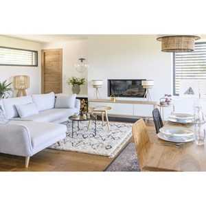 Canapé d'angle gauche 5 places en tissu gris clair chiné et bois clair creep