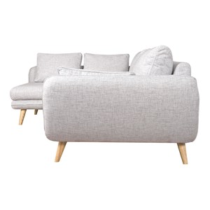 Canapé d'angle gauche 5 places en tissu gris clair chiné et bois clair creep