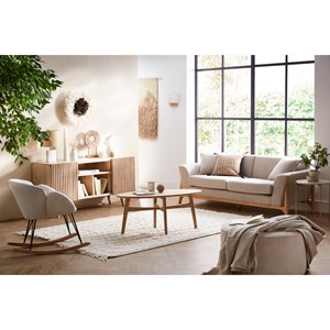 Canapé 3 places en tissu effet velours texturé beige et bois clair asako