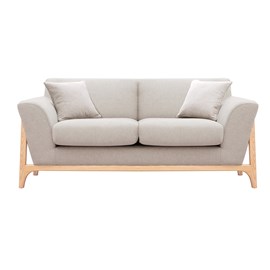 Canapé 2 places en tissu effet velours texturé beige et bois clair asako