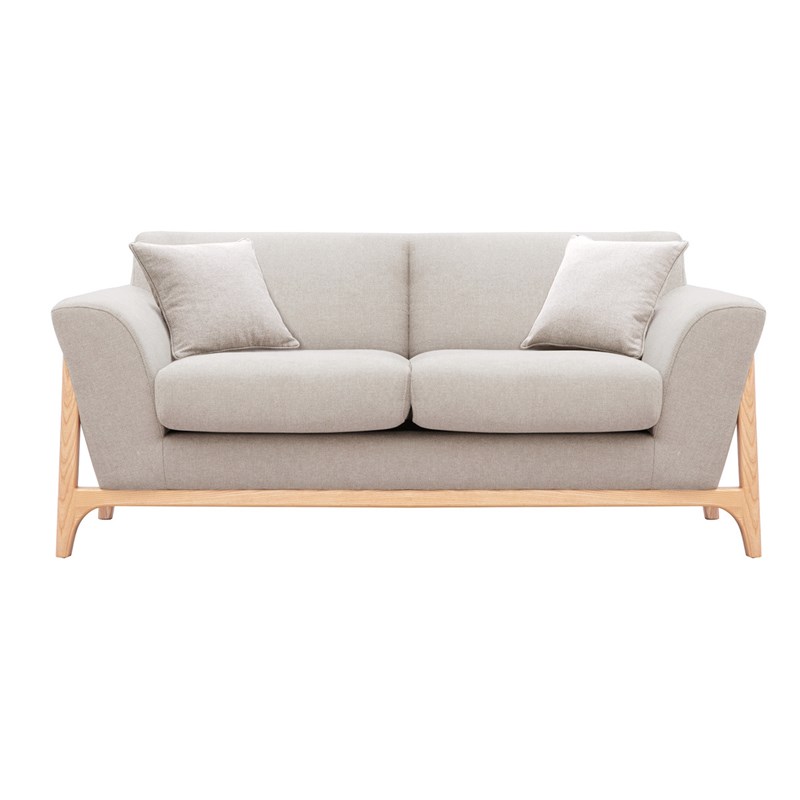 Canapé 2 places en tissu effet velours texturé beige et bois clair asako