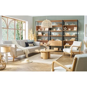 Canapé 4 places en tissu effet velours texturé beige et bois clair sindro