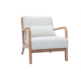 Fauteuil en tissu effet laine bouclée blanc et bois clair massif derry