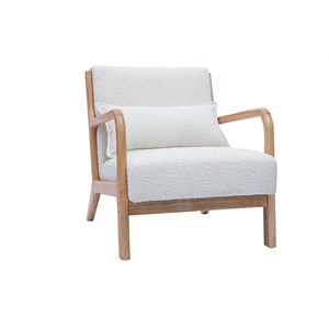 Fauteuil en tissu effet laine bouclée blanc et bois clair massif derry