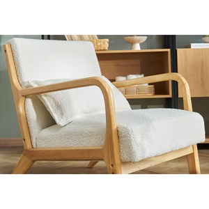Fauteuil en tissu effet laine bouclée blanc et bois clair massif derry