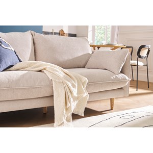 Canapé 3 places en tissu effet velours texturé beige et bois clair clayton