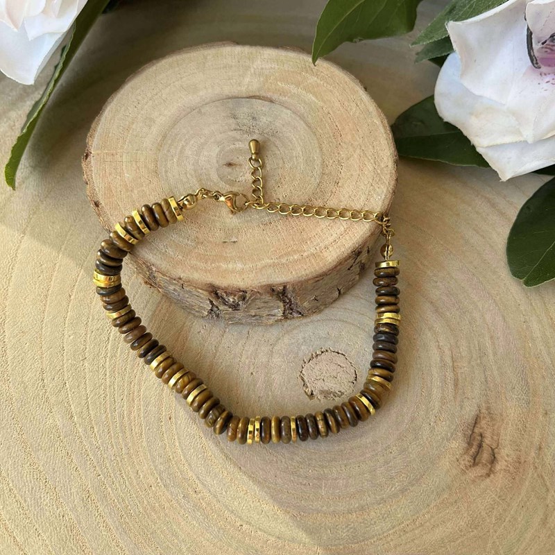 Bracelet œil de tigre perles rondelles – force et protection