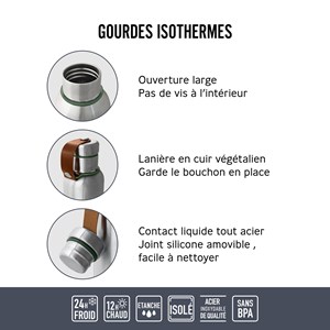 Gourde isotherme-olive-750ml-en acier inox-24h chaud  12h froid