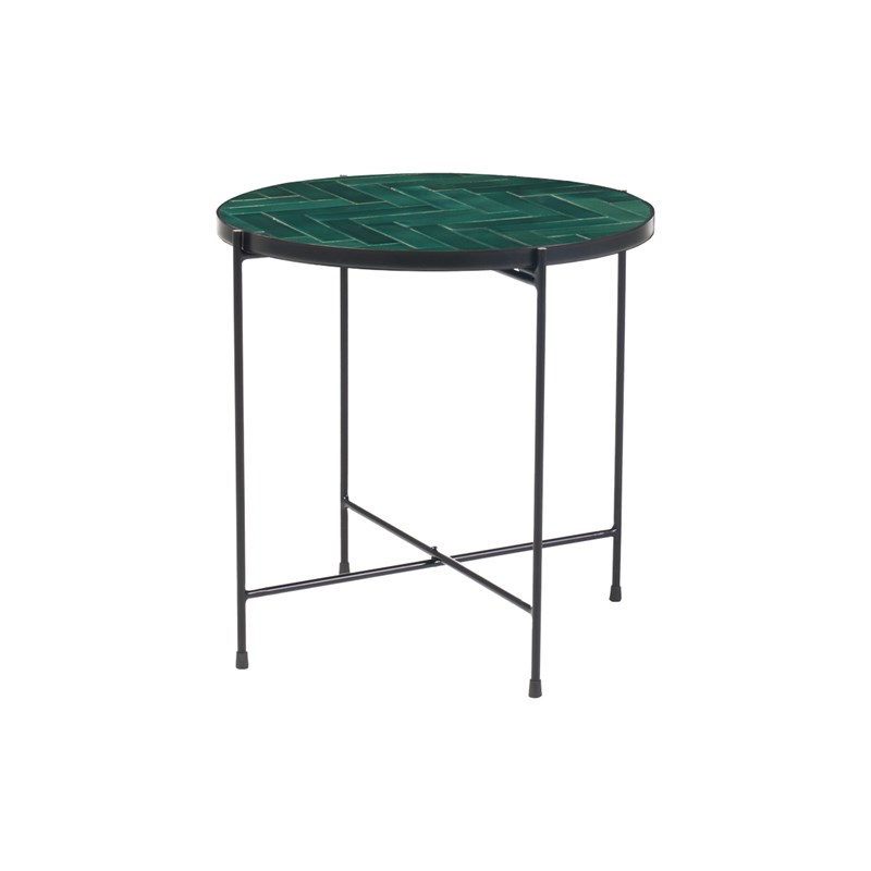 Table basse ronde en céramique vert foncé et métal noir d50 cm kotta